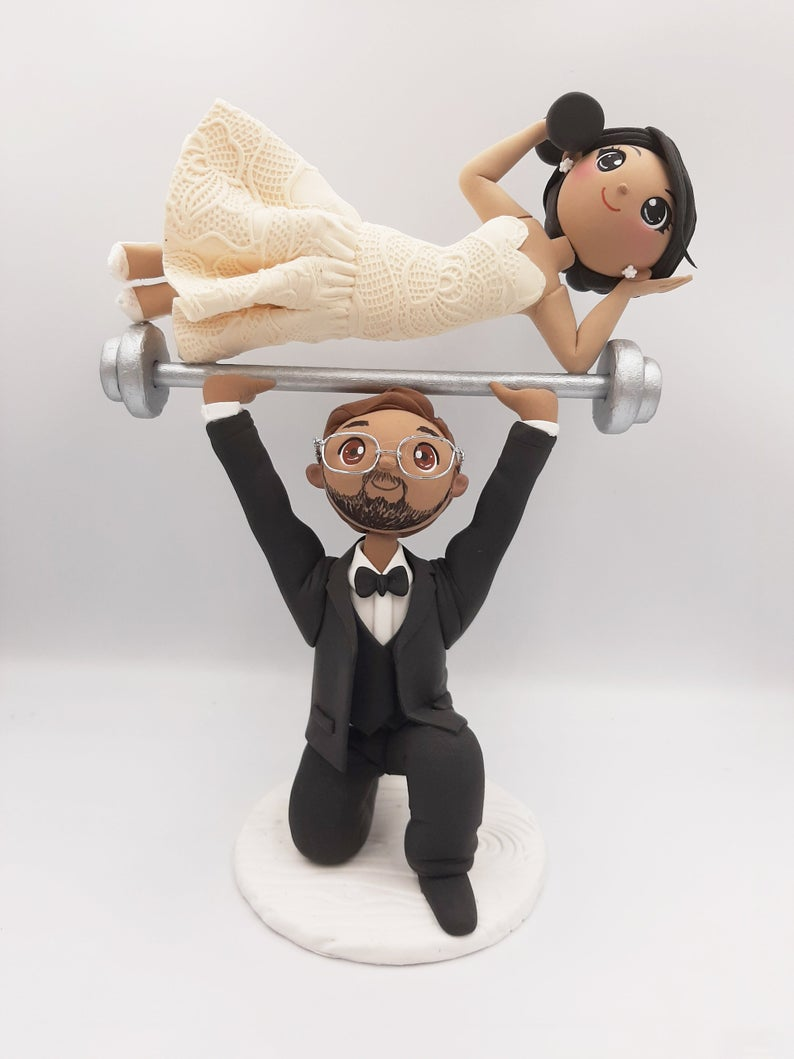 World Cake Topper. Weight lifting wedding cake topper, Fitness bride and groom  cake topper, Crossfit wedding topper