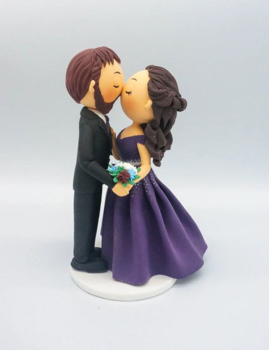Kissing Bride & Groom cake topper,  purple theme wedding cake topper