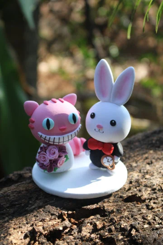 Picture of Cheshire Cat and White Rabbit Wedding Cake Topper, Alice in Wonderland theme - CLEARANCE