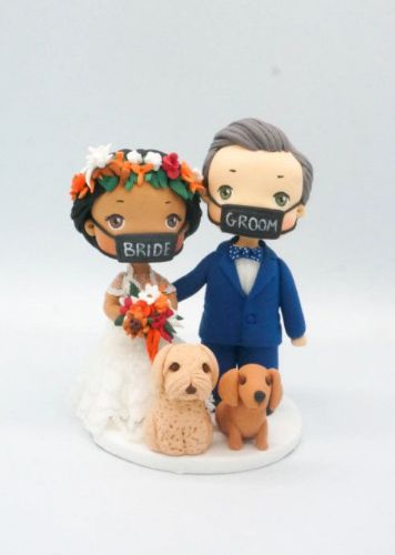 Picture of Hippie Bride & groom with dogs wedding cake topper, Boho wedding cake topper mini version