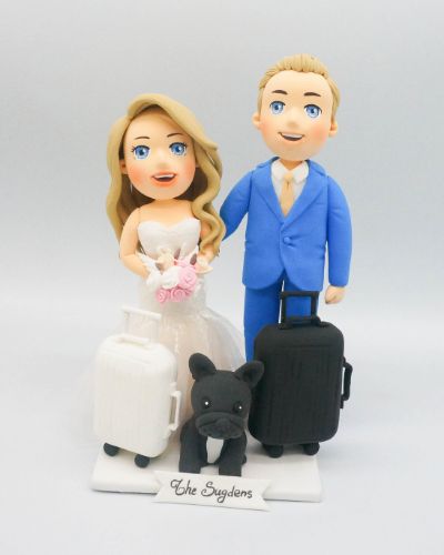 Picture of Pilots and Stewardess Wedding Cake Topper with Dog, Travel Themes Cake Topper, Destination Wedding Theme