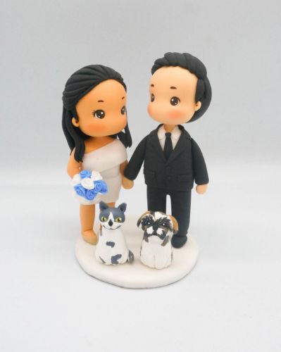 Picture of Bride and groom cake topper with cat and dog, Blue wedding cake topper theme