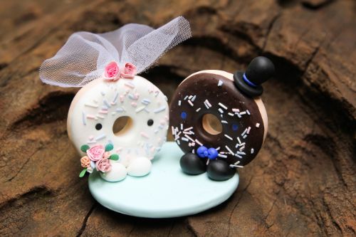 Picture of  Donut wedding cake topper, chocolate and vanilla wedding cake topper, baker wedding cake topper,