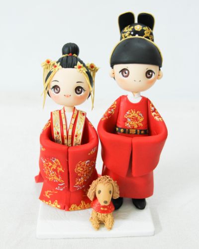 Picture of Traditional Chinese Bride and Groom Wedding Cake Topper with a dog