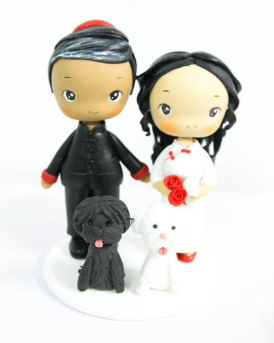 Picture of Qipao Chinese Wedding Cake Topper, Bride & Groom with Dogs Wedding Cake Topper