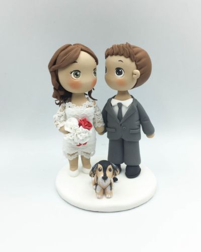 Picture of Custom Short dress Bride & Grey Suit Groom Wedding Cake topper With Dog, Dog wedding cake topper