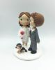 Picture of Custom Short dress Bride & Grey Suit Groom Wedding Cake topper With Dog, Dog wedding cake topper