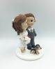 Picture of Custom Short dress Bride & Grey Suit Groom Wedding Cake topper With Dog, Dog wedding cake topper