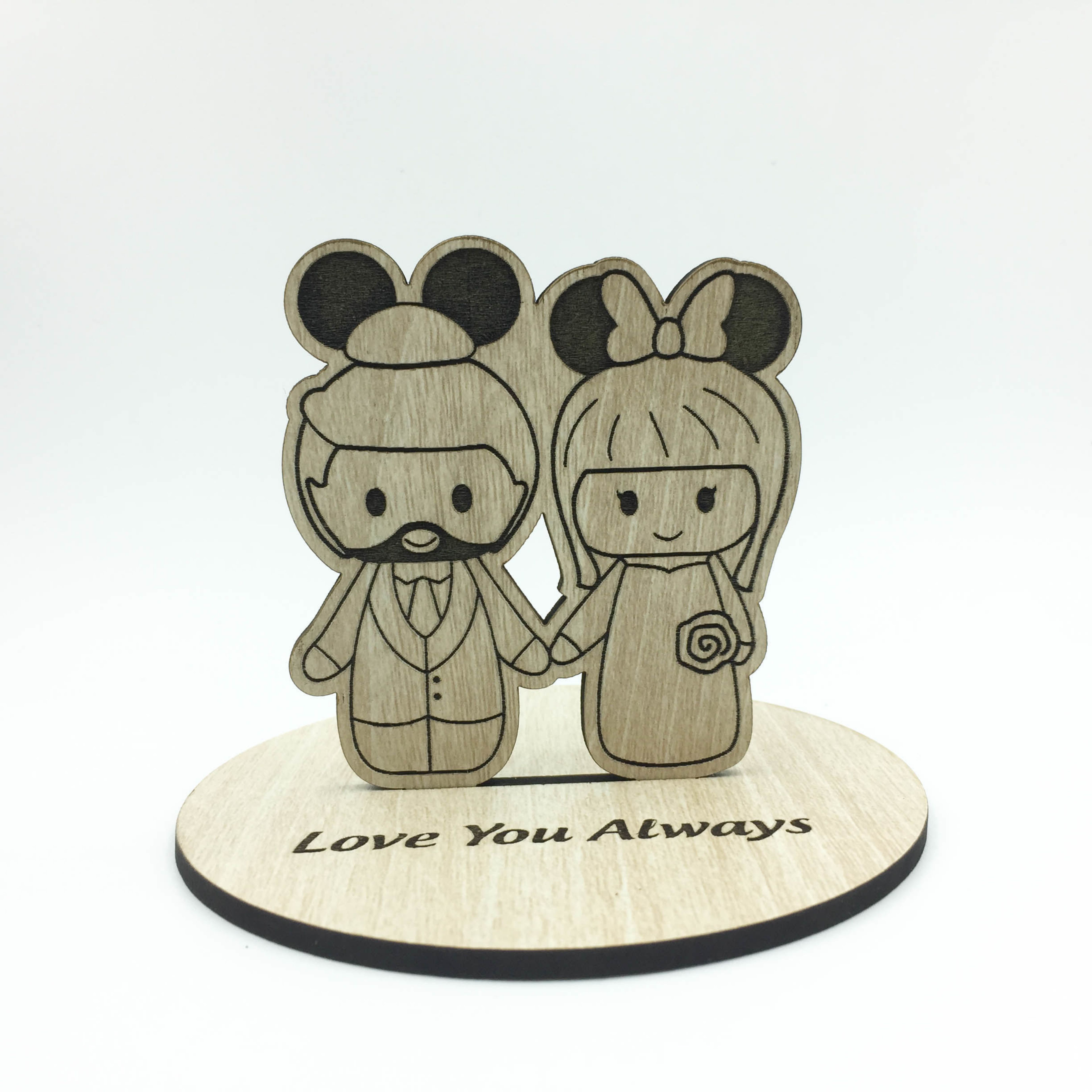 Picture of Mickey and Minnie Wooden Wedding Cake Topper, wood cut out bride & groom standee