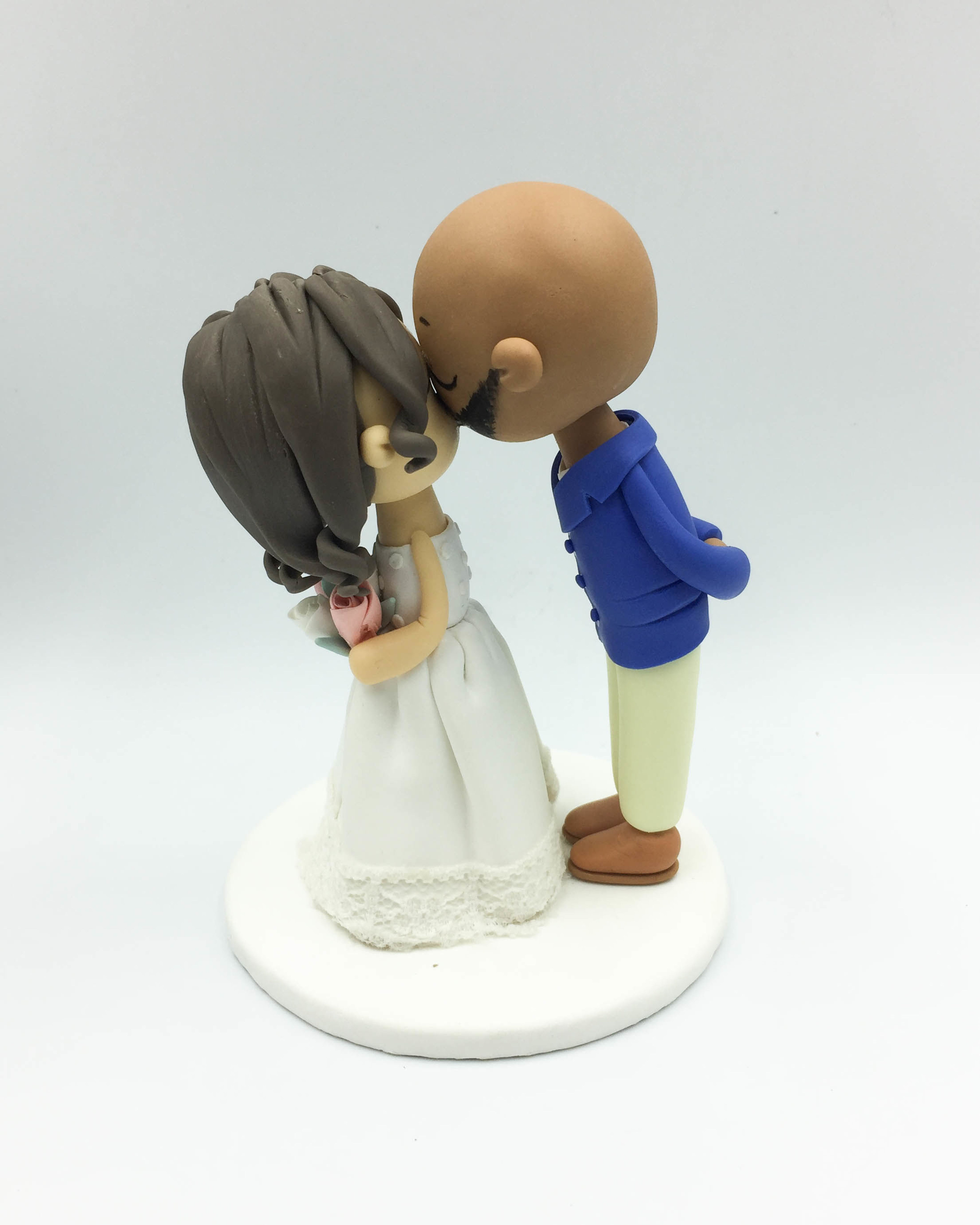 Picture of Mixed Race Wedding Cake Topper, Bald groom & wavy hair bride wedding topper