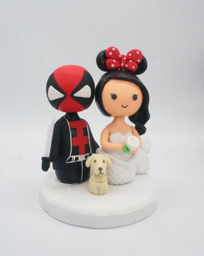 Picture of Deadpool and Mermaid Wedding Cake Topper, Wedding cake topper bride & groom with Dog