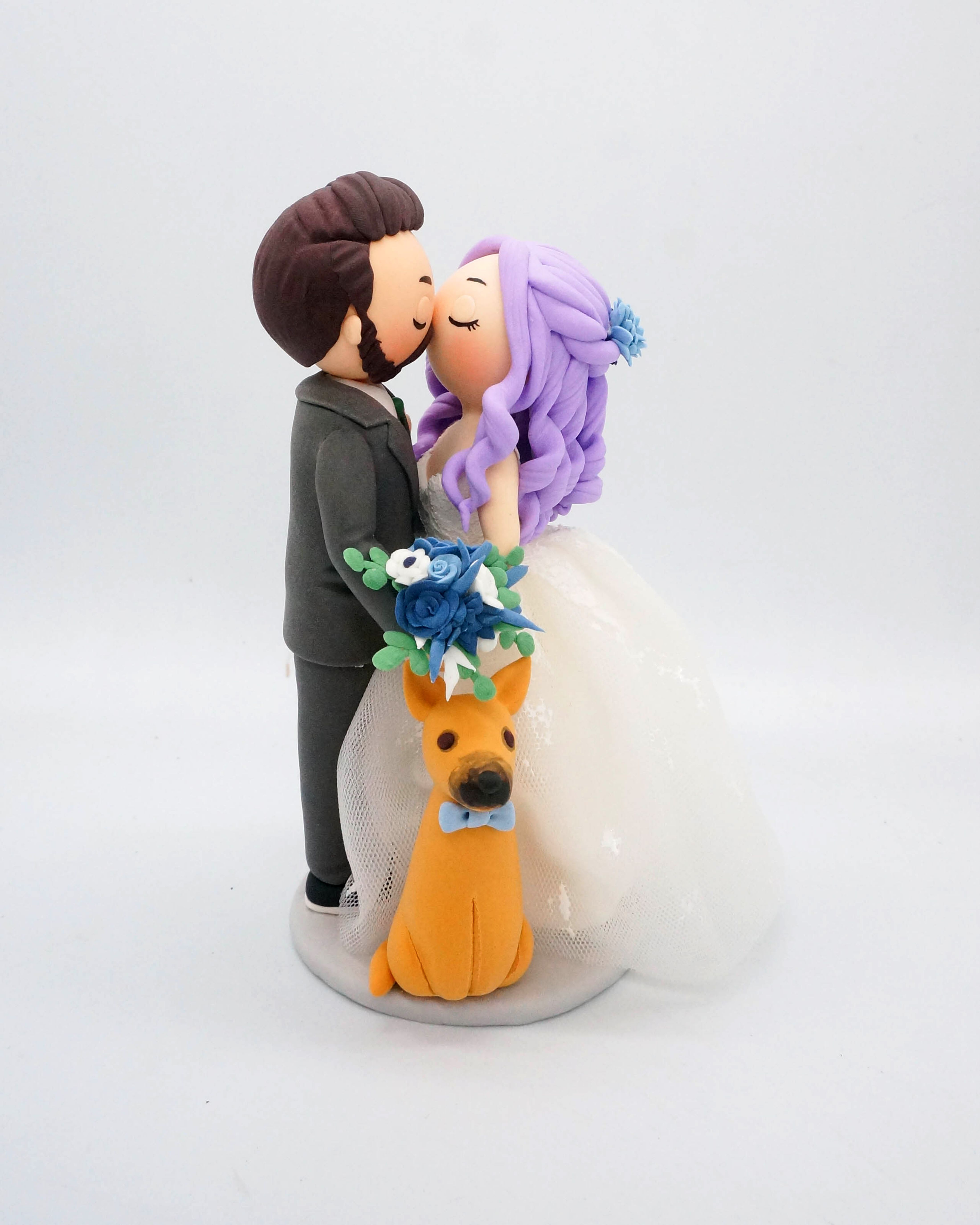 Picture of Blue wedding cake topper, Purple Hair Bride and Full Beard Groom Wedding Cake Topper