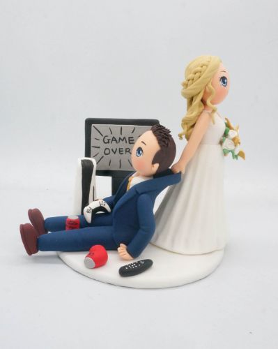 Picture of Game Over Gamer Wedding Cake Topper, Funny Wedding Cake Topper, PS 5 topper, groom cake topper