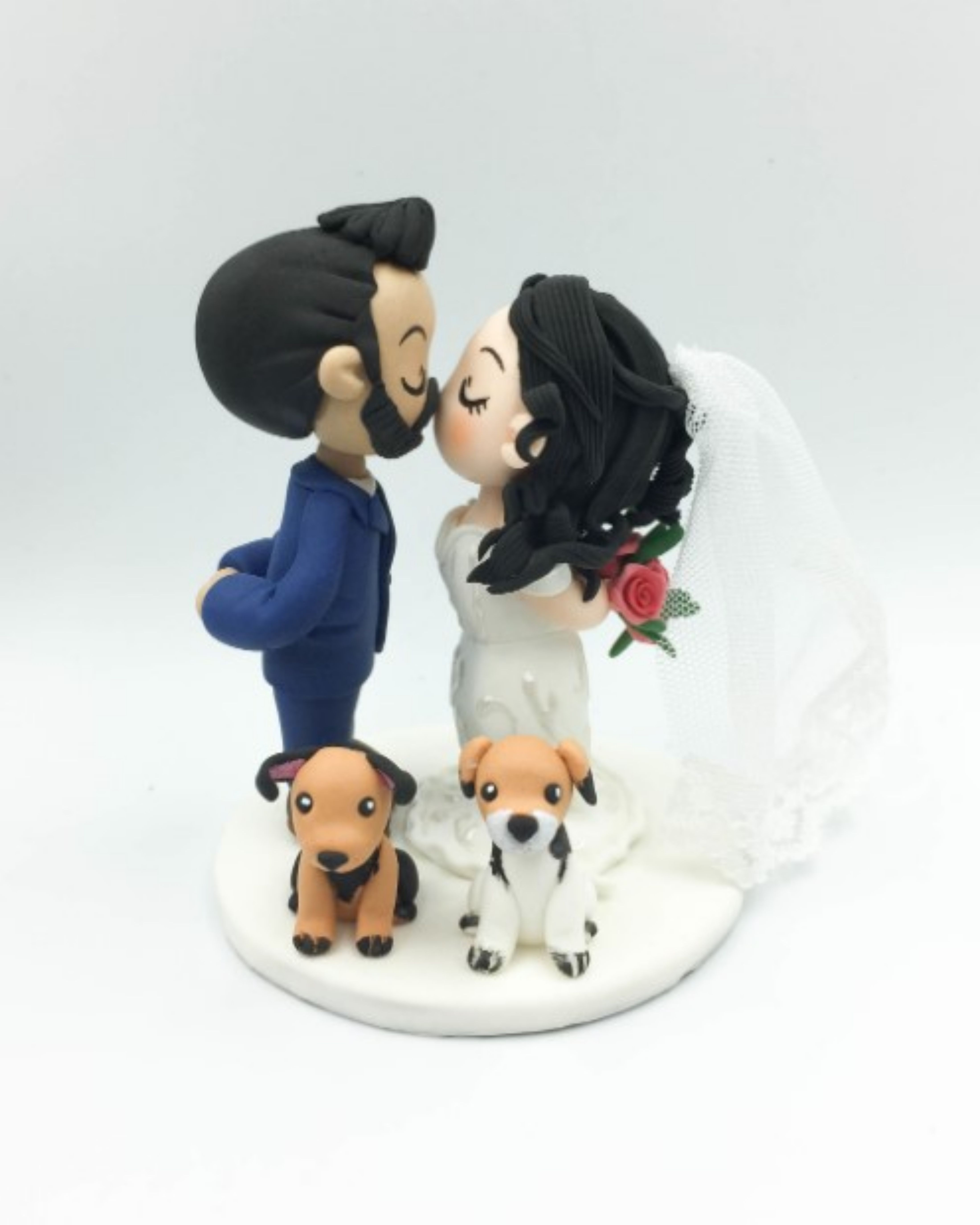 Picture of Bride & Groom With Dog Wedding cake topper, Full beard groom and dog mama bride topper