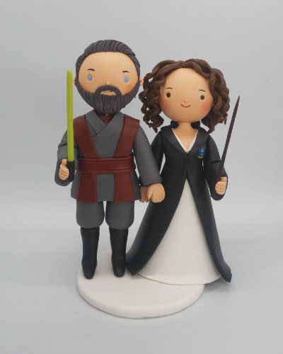 Picture of Harry Potter fandom & Star Wars fandom Wedding Cake Topper, Curly hair bride