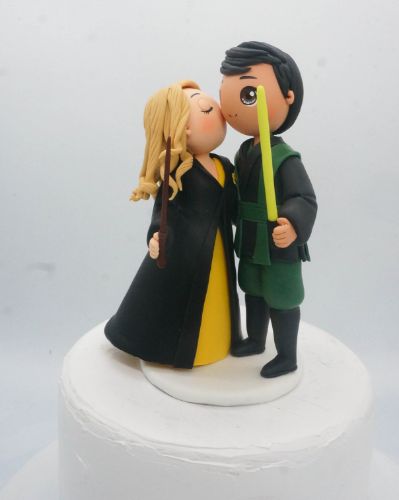 Picture of Harry Potter & Star Wars Themed Wedding Cake Topper, Jedi fan and Hufflepuff fan wedding