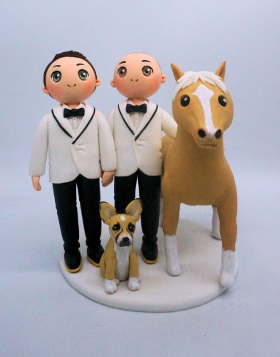 Picture of Gay Wedding Cake Topper with Horse & Dogs, LGBTQ Wedding Cake Topper, Animal Lovers Gifts