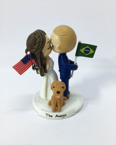 Picture of Brazilian Groom and American Bride Wedding Cake Topper with dog, International wedding couple