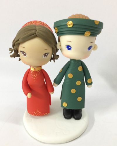 Picture of Traditional Ao Dai Wedding Cake Topper, Vietnamese Wedding Cake topper, Green and Red theme