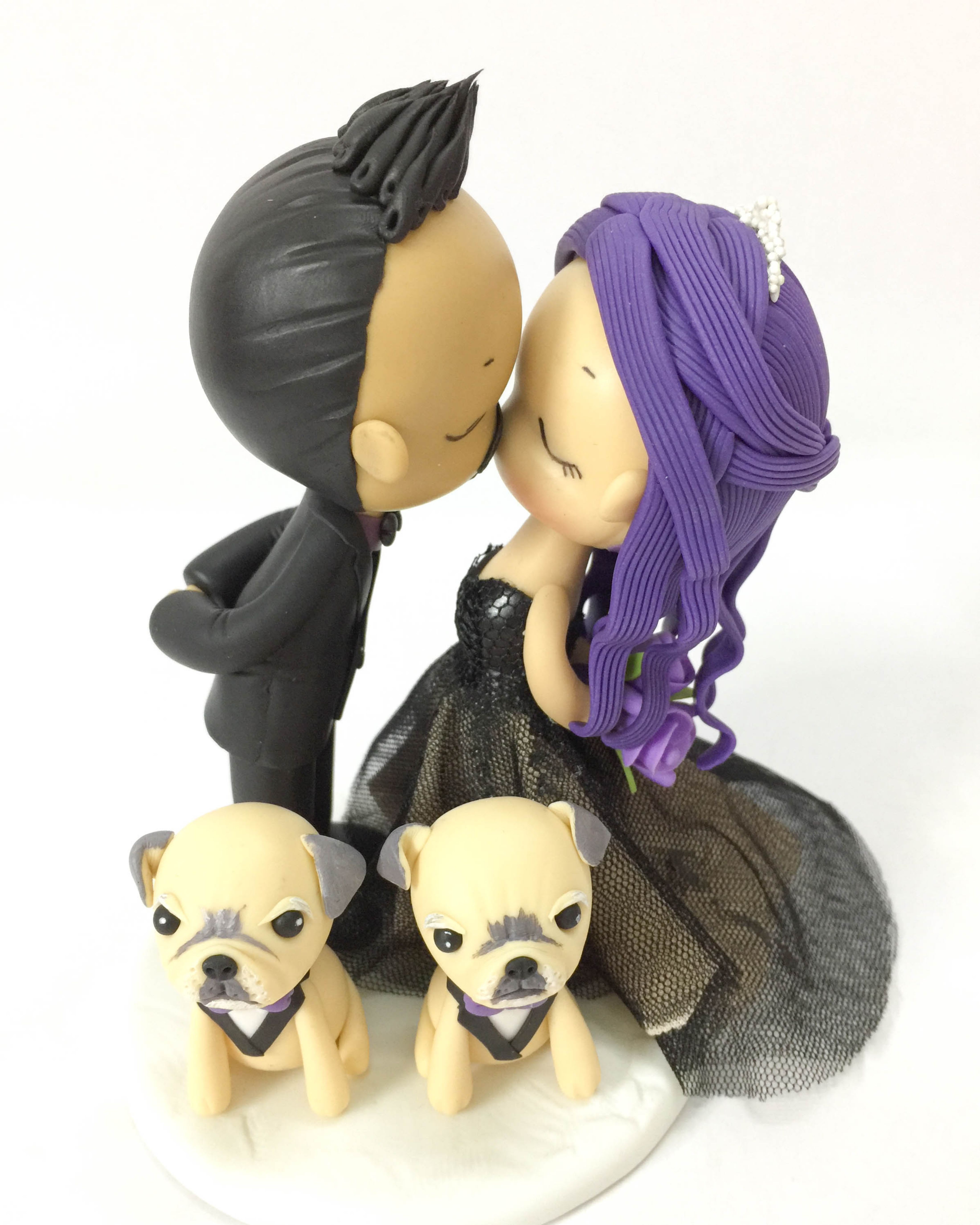 Picture of Dark & Dramatic Wedding Cake Topper, Bride and Groom with dogs, Purple Hair Bride, Goatee Groom Figurine