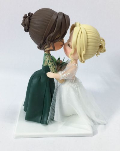 Picture of Lesbian Wedding Cake Topper, Bride & Bride Wedding Clay Figurine, Emerald Wedding Cake Topper