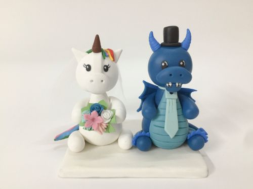 Picture of Unicorn & Dragon Wedding Cake Topper, Unicorn Clay Figurine, Dragon Clay Miniature