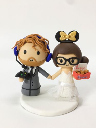Picture of Gamer Groom & Minnie Mouse Bride Wedding Cake Topper, Fried Chicken Lover Cake Topper