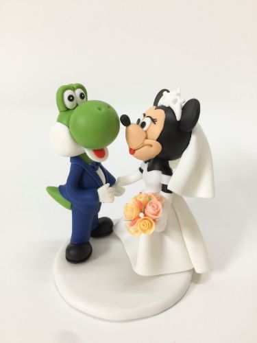 Picture of Minnie Mouse Bride & Yoshi Groom Wedding Cake Topper, Cartoon Character Wedding Figurine, Disney Wedding Theme