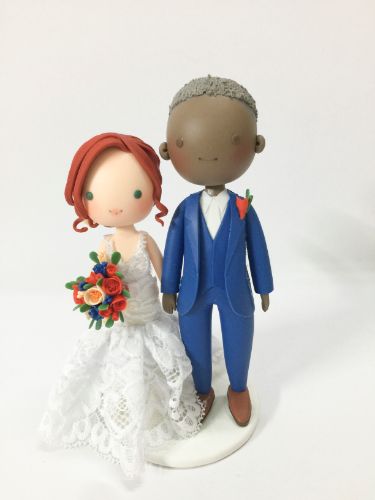 Picture of Mixed Race Wedding Cake Topper, Interracial wedding couple, Red Hair Bride & Gray hair groom Wedding Figurine