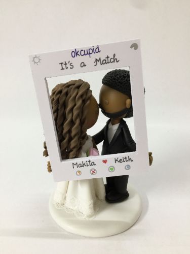 Picture of Ok Cupid Wedding Cake Topper, Dark Brown Wedding Couple, Wedding Gifts for Dating App Couple