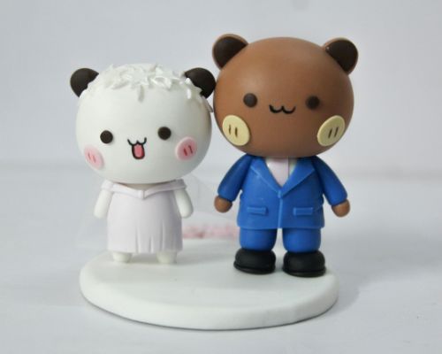 Picture of Milk & Mocha Wedding Cake Topper, Milk bride in floral dress and Mocha Groom in Blue Suit Figurine, Bridal Shower Decor
