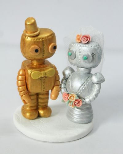 Picture of Robot wedding cake topper, Steampunk wedding cake topper, Gold & silver anniversary